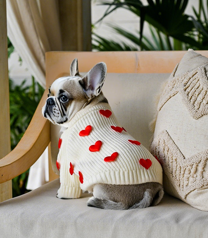 Cream Heart-3D Motif Pet Sweater