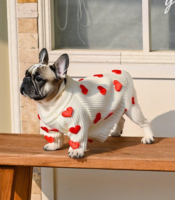 Cream Heart-3D Motif Pet Sweater
